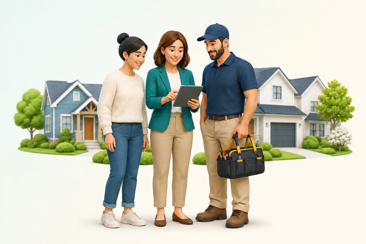 A community manager, resident, and local service professional reviewing a service plan together