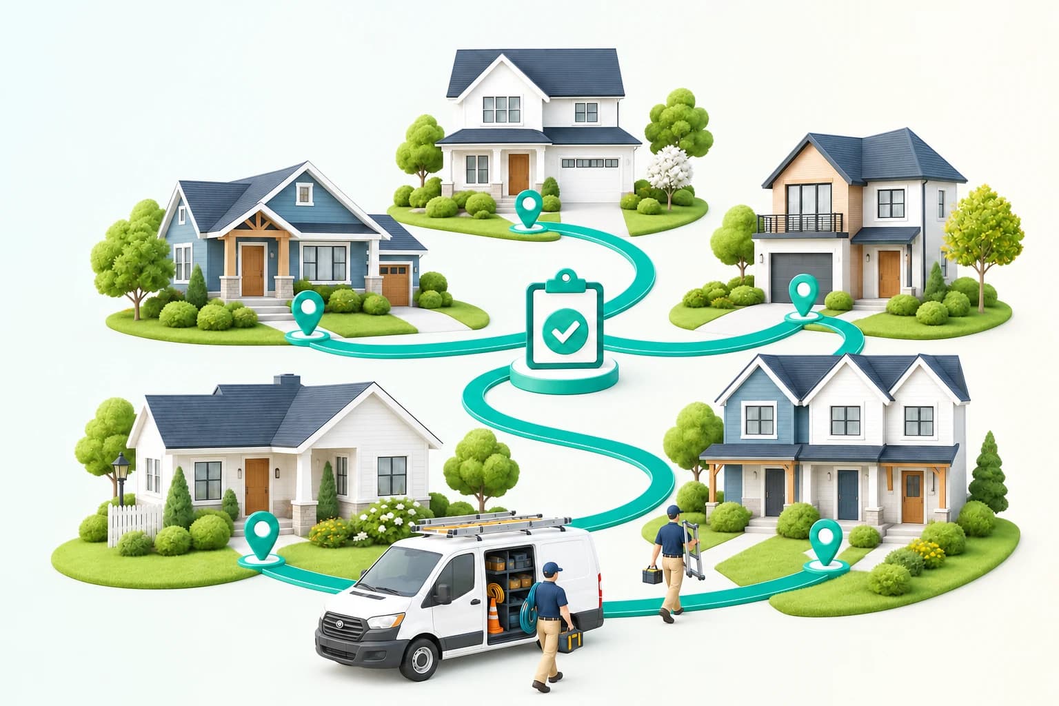 A local service team following one shared route between several homes in a community